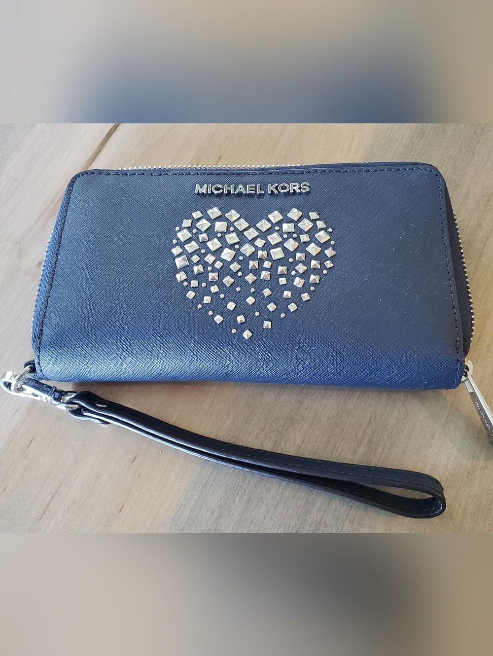 Michael Kors Wristlet Wallet Navy with Heart Stud Detail